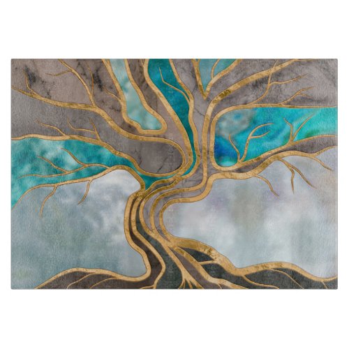 Taupe and teal Marble Tree of life Cutting Board