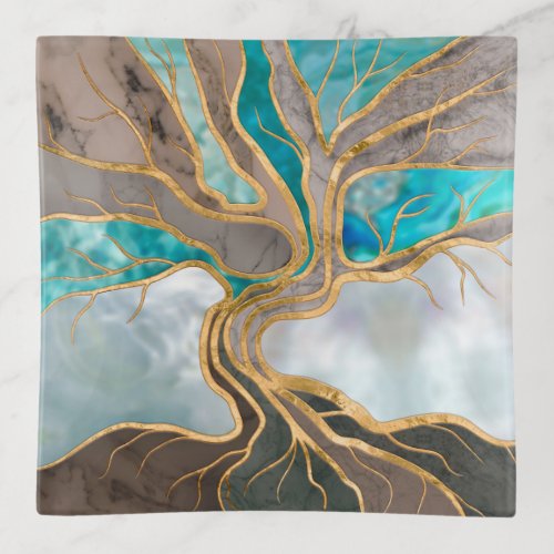 Taupe and teal Marble Tree of life Trinket Tray