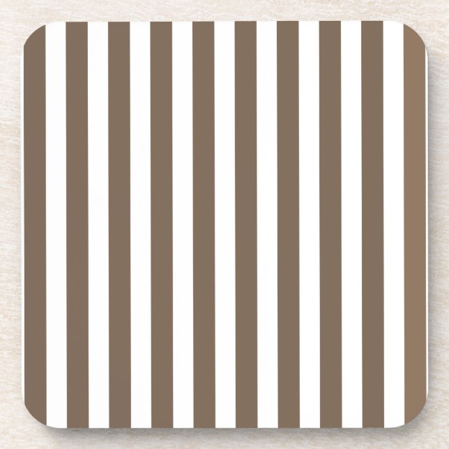 Taupe and white candy stripes beverage coaster (Front)