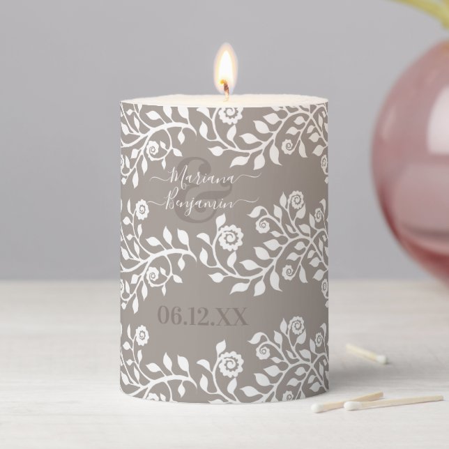 Taupe And White Rustic Floral Personalized Wedding Pillar Candle (In Situ)