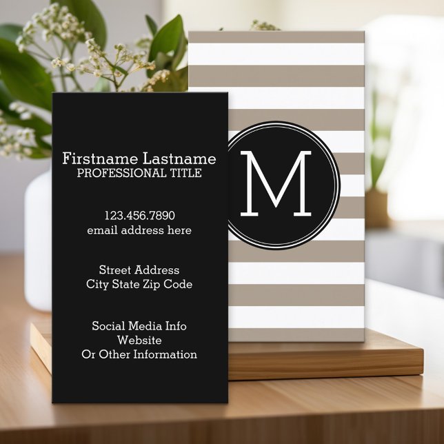 Taupe and White Striped Pattern Black Monogram Business Card (Custom Printed Business Card)