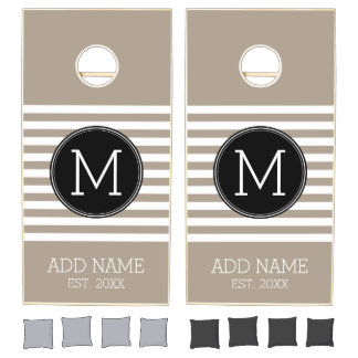Taupe and White Striped Pattern Black Monogram Cornhole Set