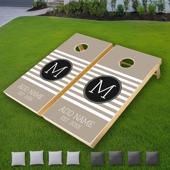 Taupe and White Striped Pattern Black Monogram Cornhole Set (Custom Cornhole)