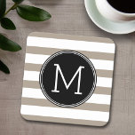 Taupe and White Striped Pattern Black Monogram Square Paper Coaster<br><div class="desc">A gold beige color with black and white -- A simple design with an area for monograms. If you need to adjust the artwork or change the font,  you can click on the customize area. This will take you to the design tool where you can make many changes.</div>