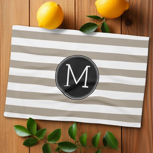 Taupe and White Striped Pattern Black Monogram Towel