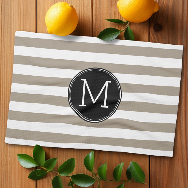 Taupe and White Striped Pattern Black Monogram Towel (Personalized kitchen towel with monogram)