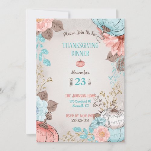 Taupe Aqua Coral Pumpkin Turkey Invitation