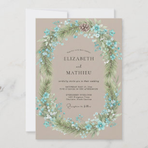Taupe Aqua Wreath Wedding Invitation