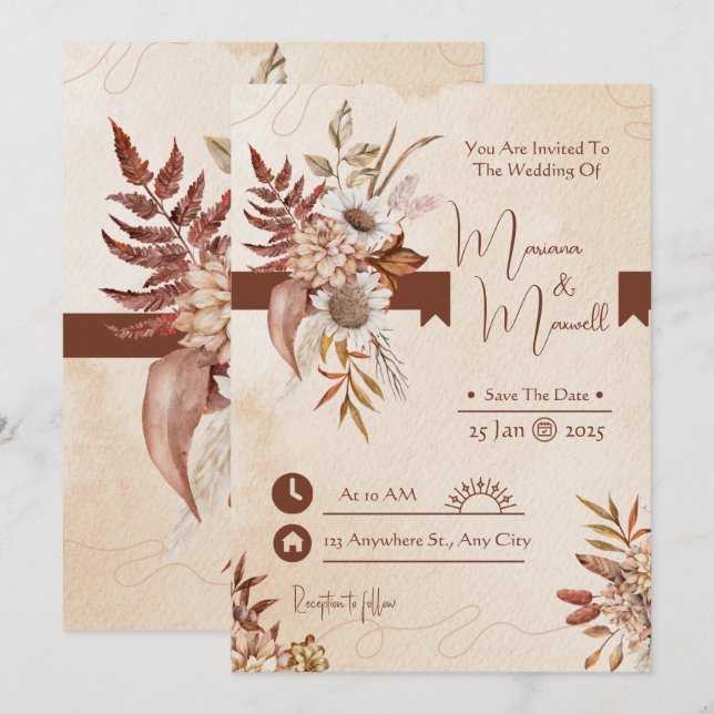 Taupe Autumn Modern Watercolor Terracotta Wedding  Invitation (Front/Back)