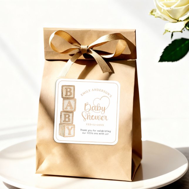 Taupe Baby Blocks Baby Shower Favor Sticker (Baby Shower Favor Sticker)