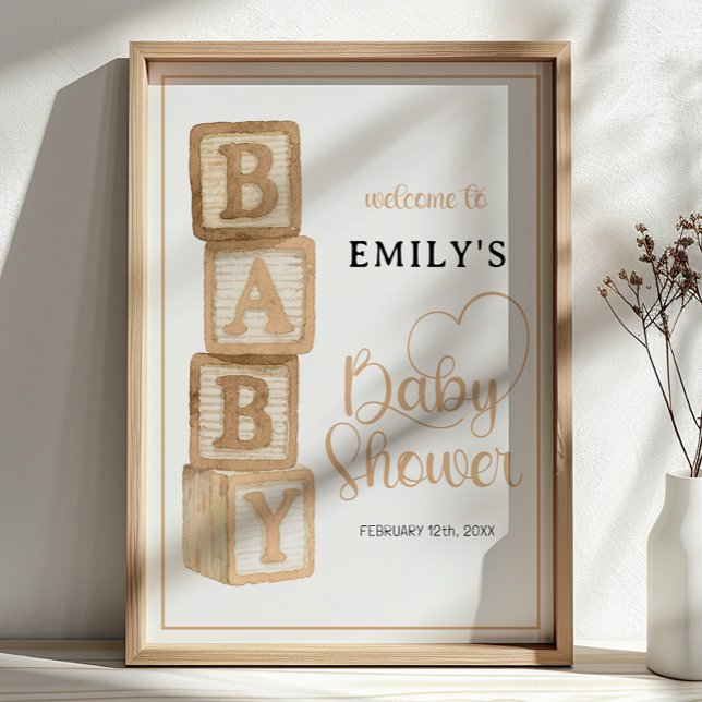 Taupe Baby Blocks Baby Shower Welcome Poster (Baby Shower Welcome Sign)