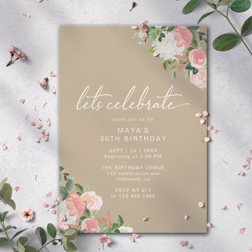 Taupe Beige  Blush Pink  Modern Floral Birthday Invitation