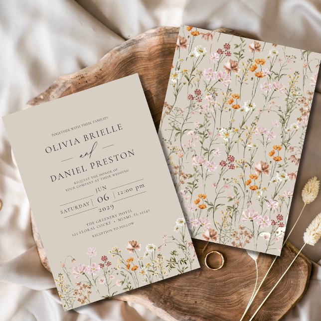 Taupe Beige Boho Wildflower Garden Wedding Invitation (Creator Uploaded)
