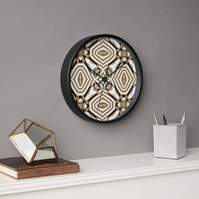 Taupe Beige Brown Black White Bohemian Art Motif Clock (Office)