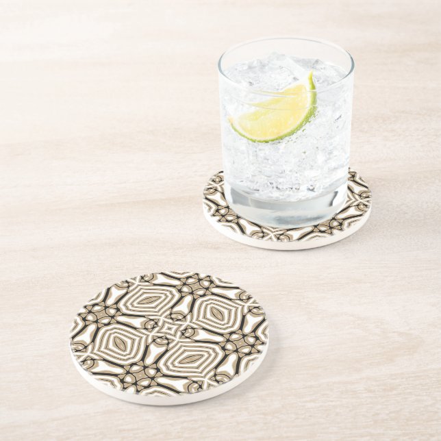 Taupe Beige Brown Black White Bohemian Art Motif Coaster (Side)