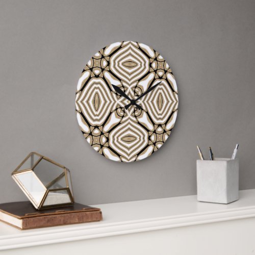 Taupe Beige Brown Black White Bohemian Art Motif Large Clock