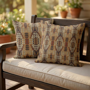 Taupe Beige Brown Orange Black Tribal Art Outdoor Pillow