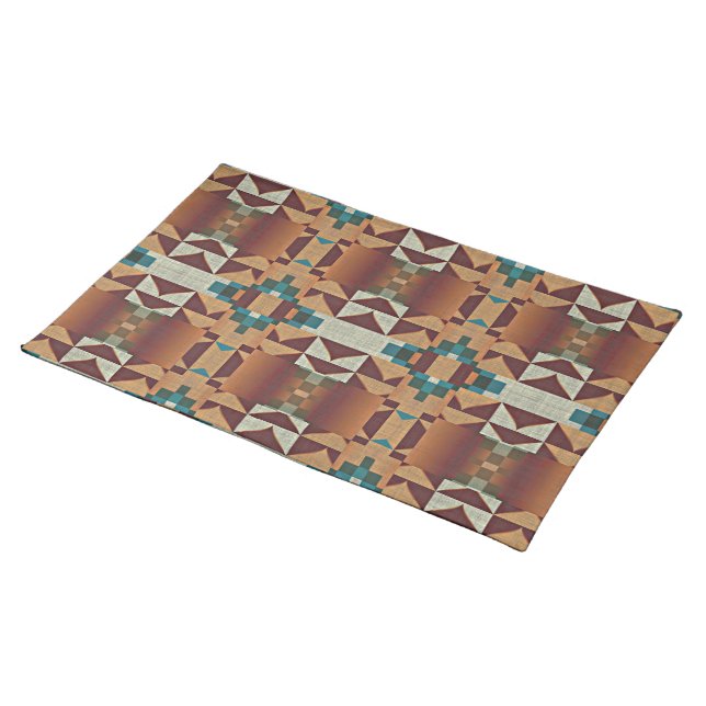 Taupe Beige Brown Teal Blue Green Tribal Art Cloth Placemat (On Table)