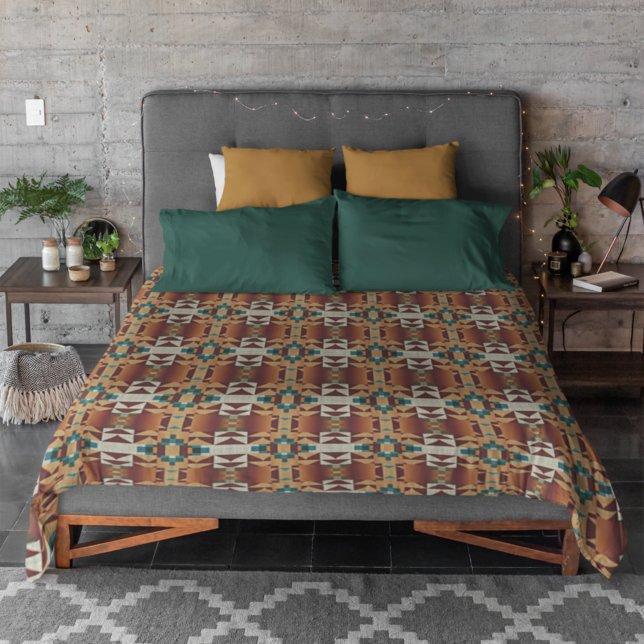 Taupe Beige Brown Teal Blue Green Tribal Art Duvet Cover (Creator Uploaded)