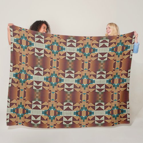 Taupe Beige Brown Teal Blue Green Tribal Art Fleece Blanket