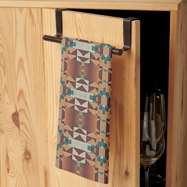 Taupe Beige Brown Teal Blue Green Tribal Art Kitchen Towel (Thirds Fold)
