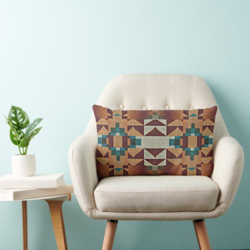 Taupe Beige Brown Teal Blue Green Tribal Art Lumbar Pillow