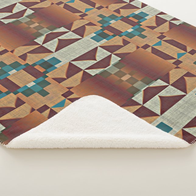 Taupe Beige Brown Teal Blue Green Tribal Art Sherpa Blanket (3/4)