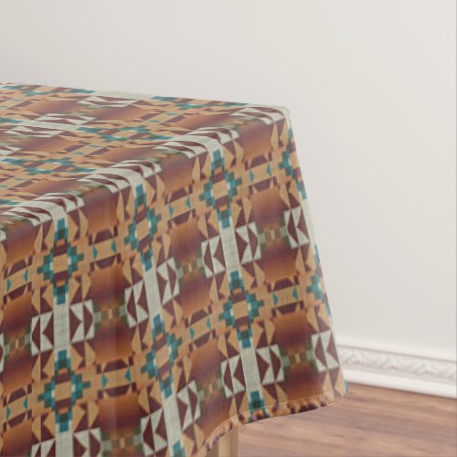 Taupe Beige Brown Teal Blue Green Tribal Art Tablecloth