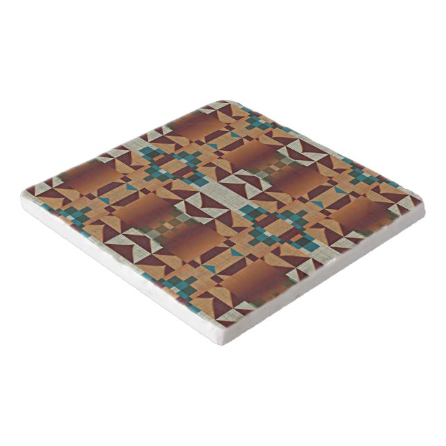Taupe Beige Brown Teal Blue Green Tribal Art Trivet (Corner)