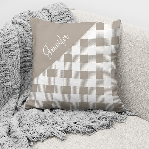 Taupe Beige Buffalo Plaid Check Pattern Name Throw Pillow