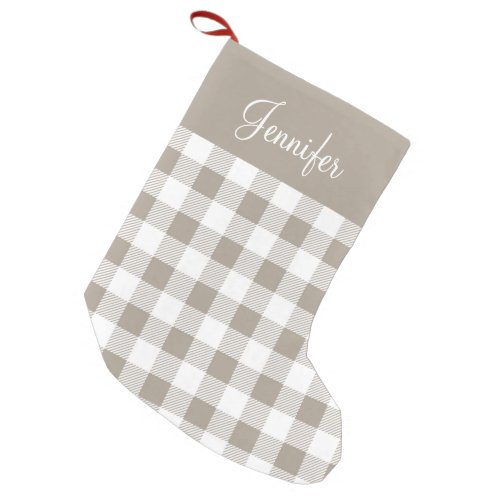 Taupe Beige Buffalo Plaid Pattern Name Farmhouse Small Christmas Stocking