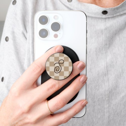 Taupe Beige Checkers Script Monogram PopSocket