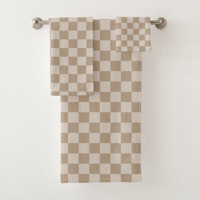 Taupe Beige Checkers Script Name Bath Towel Set (Insitu)