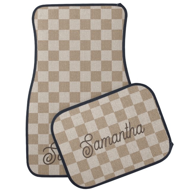 Taupe Beige Checkers Script Name Car Floor Mat (Set)