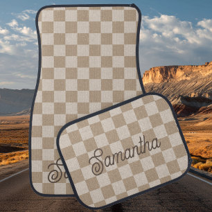 Taupe Beige Checkers Script Name Car Floor Mat