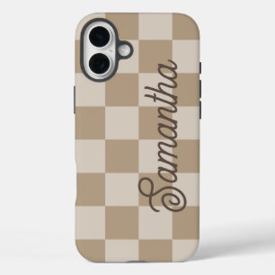 Taupe Beige Checkers Script Name iPhone 16 Plus Case