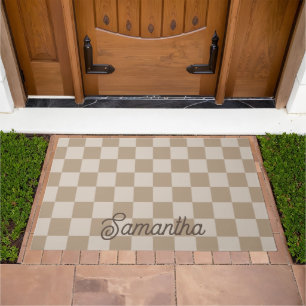 Taupe Beige Checkers Script Name Doormat