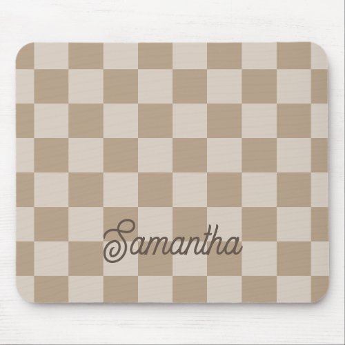Taupe Beige Checkers Script Name Mouse Pad