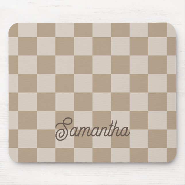 Taupe Beige Checkers Script Name Mouse Pad (Front)