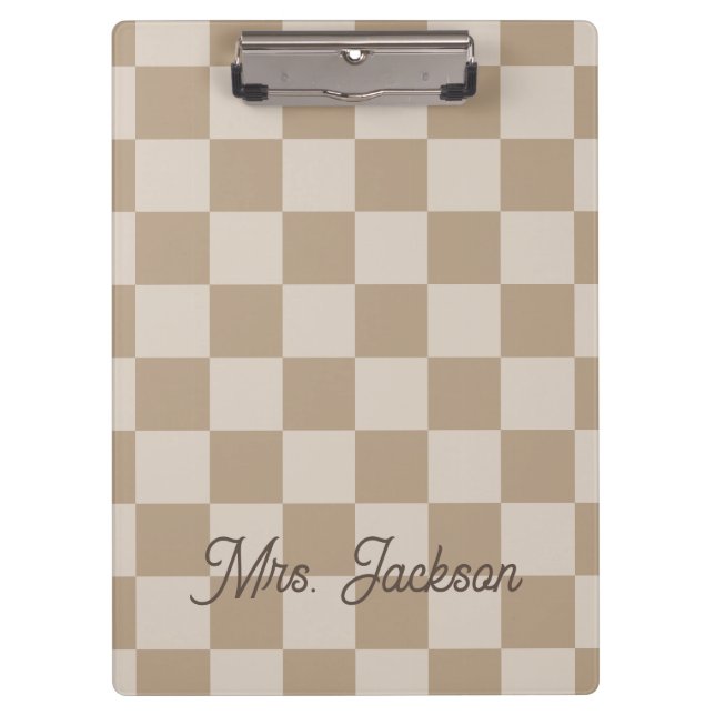 Taupe Beige Checkers Script Name Personalized Clipboard (Front)