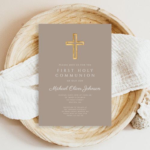 Taupe Beige Cross Religious Boy First Communion Invitation
