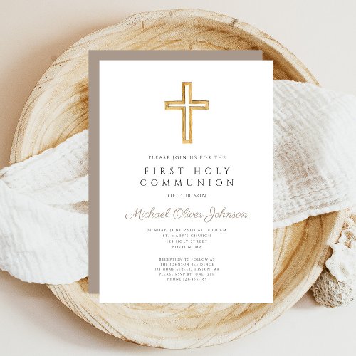 Taupe Beige Cross Religious Boy First Invitation