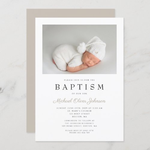 Taupe Beige Elegant Photo Baptism Invitation