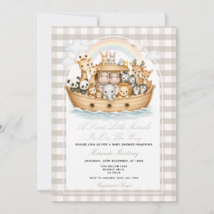Taupe beige gingham Noah’s Ark Baby Shower Invitation