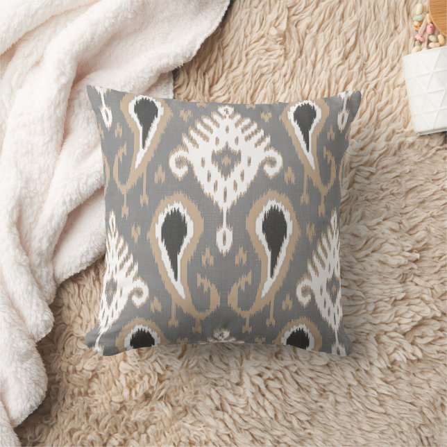 Taupe Beige Medium Gray Ikat Tribal Art Pattern Throw Pillow (Blanket)