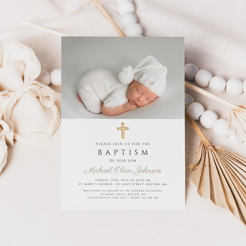 Taupe Beige Modern Religious Cross Photo Baptism Invitation