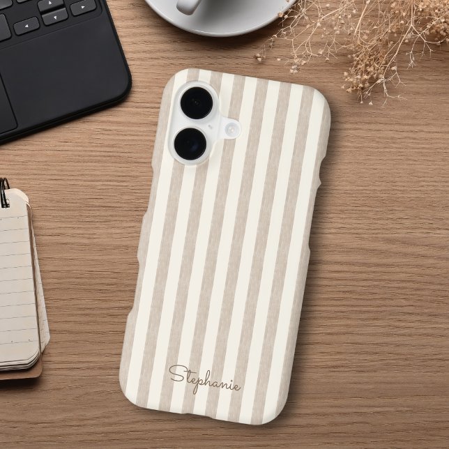 Taupe Beige Neutral Striped Pattern Custom Name Case-Mate iPhone Case (Creator Uploaded)