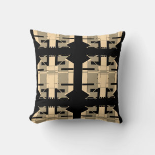 Taupe Beige on Black Geometric Squares Motif  Throw Pillow