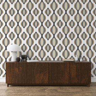 Taupe Beige Tan Gray White Black Ogee Wave Pattern Wallpaper
