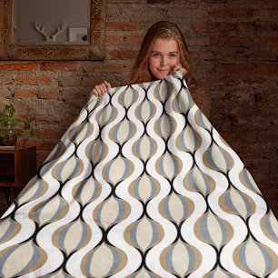 Taupe Beige Tan Gray White Black Ogee Waves Fleece Blanket